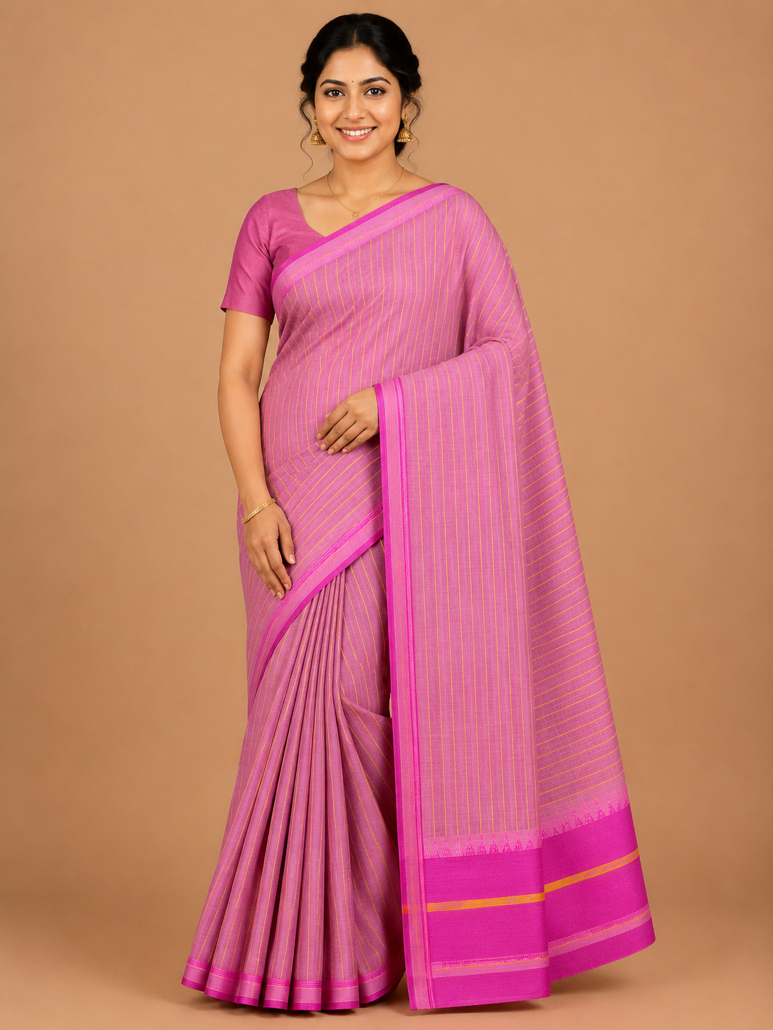 Premium Mangalagiri Pure Cotton Baby Pink Saree with Magenta Border
