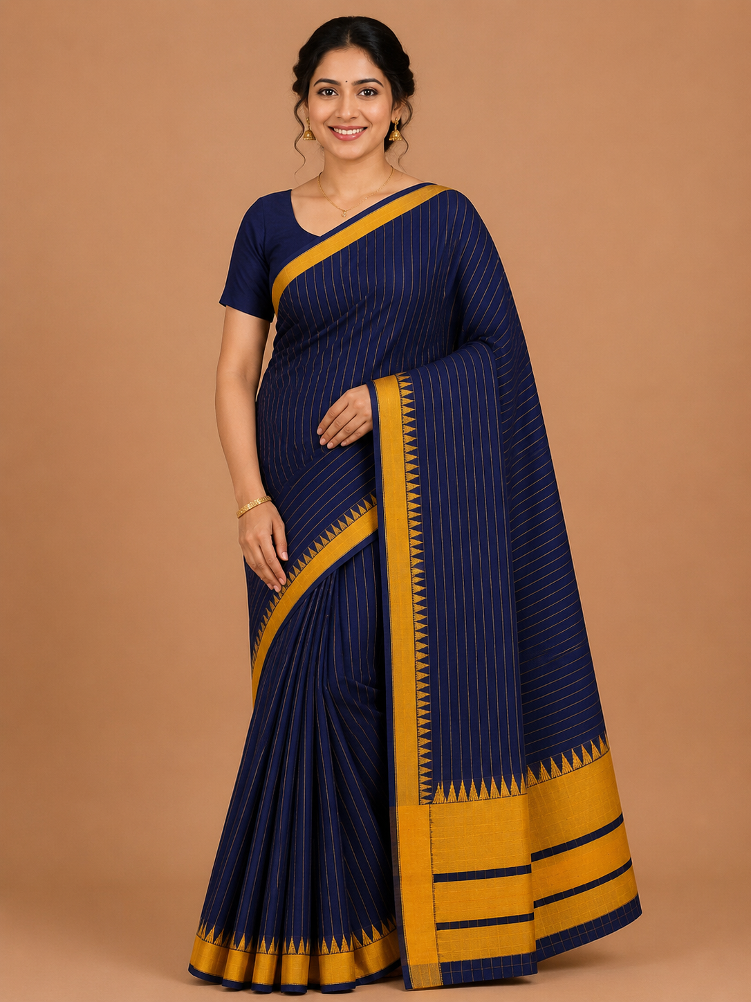 Premium Mangalagiri Pure Cotton Royal Blue Saree with Mustard Yellow Border
