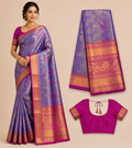 Premium Semi Kanchi Pattu Silk Saree – Lavender Grey with Pink Zari Border and Designer Blouse