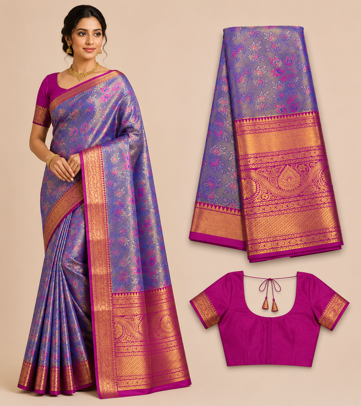 Premium Semi Kanchi Pattu Silk Saree – Lavender Grey with Pink Zari Border and Designer Blouse