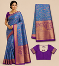 Premium Semi Kanchi Pattu Silk Saree – Royal Blue with Purple Zari Border and Designer Blouse