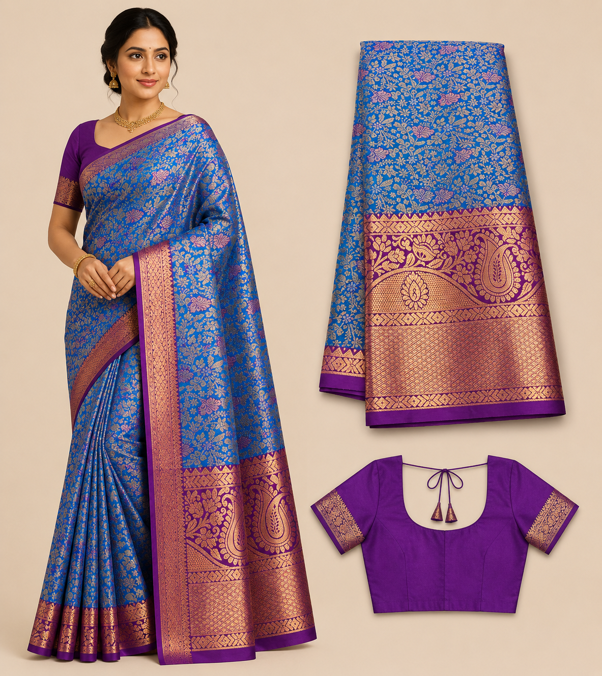 Premium Semi Kanchi Pattu Silk Saree – Royal Blue with Purple Zari Border and Designer Blouse
