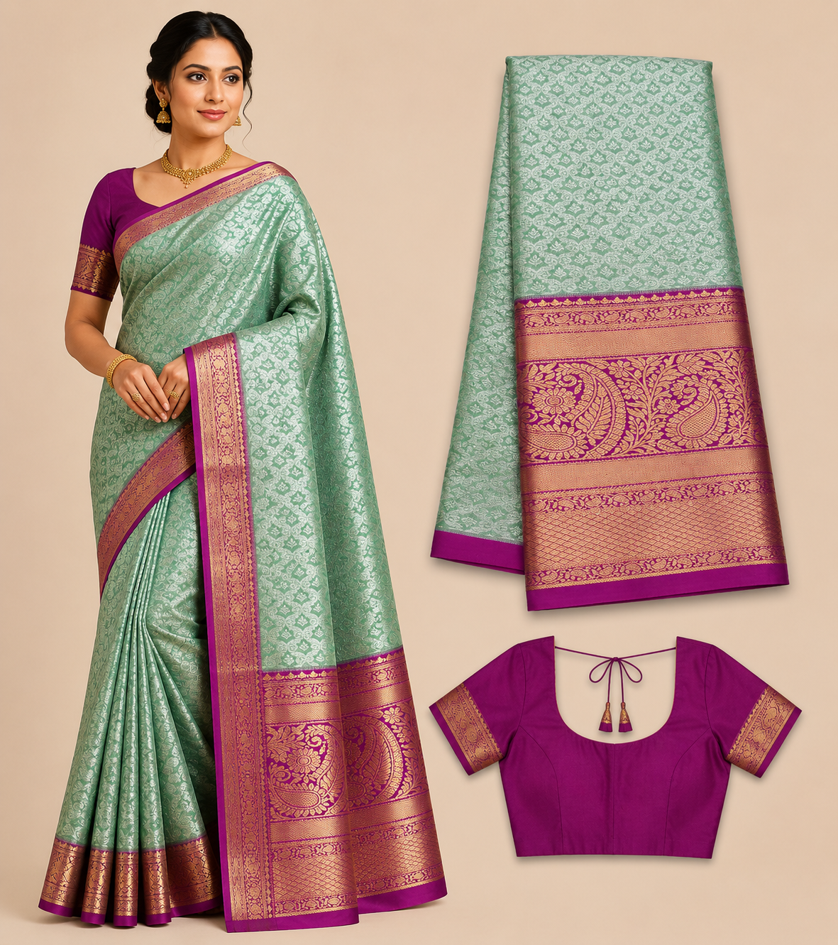 Premium Semi Kanchi Pattu Silk Saree – Mint Green with Magenta Zari Border and Designer Blouse