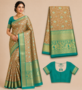 Premium Semi Kanchi Pattu Silk Saree – Golden Beige with Emerald Green Zari Border and Designer Blouse