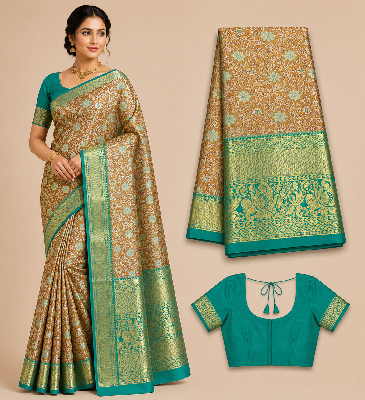 Premium Semi Kanchi Pattu Silk Saree – Golden Beige with Emerald Green Zari Border and Designer Blouse