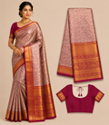 Premium Semi Kanchi Pattu Silk Saree – Rose Gold Pink with Rich Zari Border and Designer Blouse