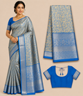Premium Semi Kanchi Pattu Silk Saree – Sky Blue with Silver Zari Border and Designer Blouse