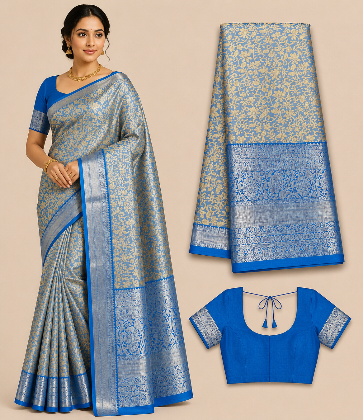 Premium Semi Kanchi Pattu Silk Saree – Sky Blue with Silver Zari Border and Designer Blouse
