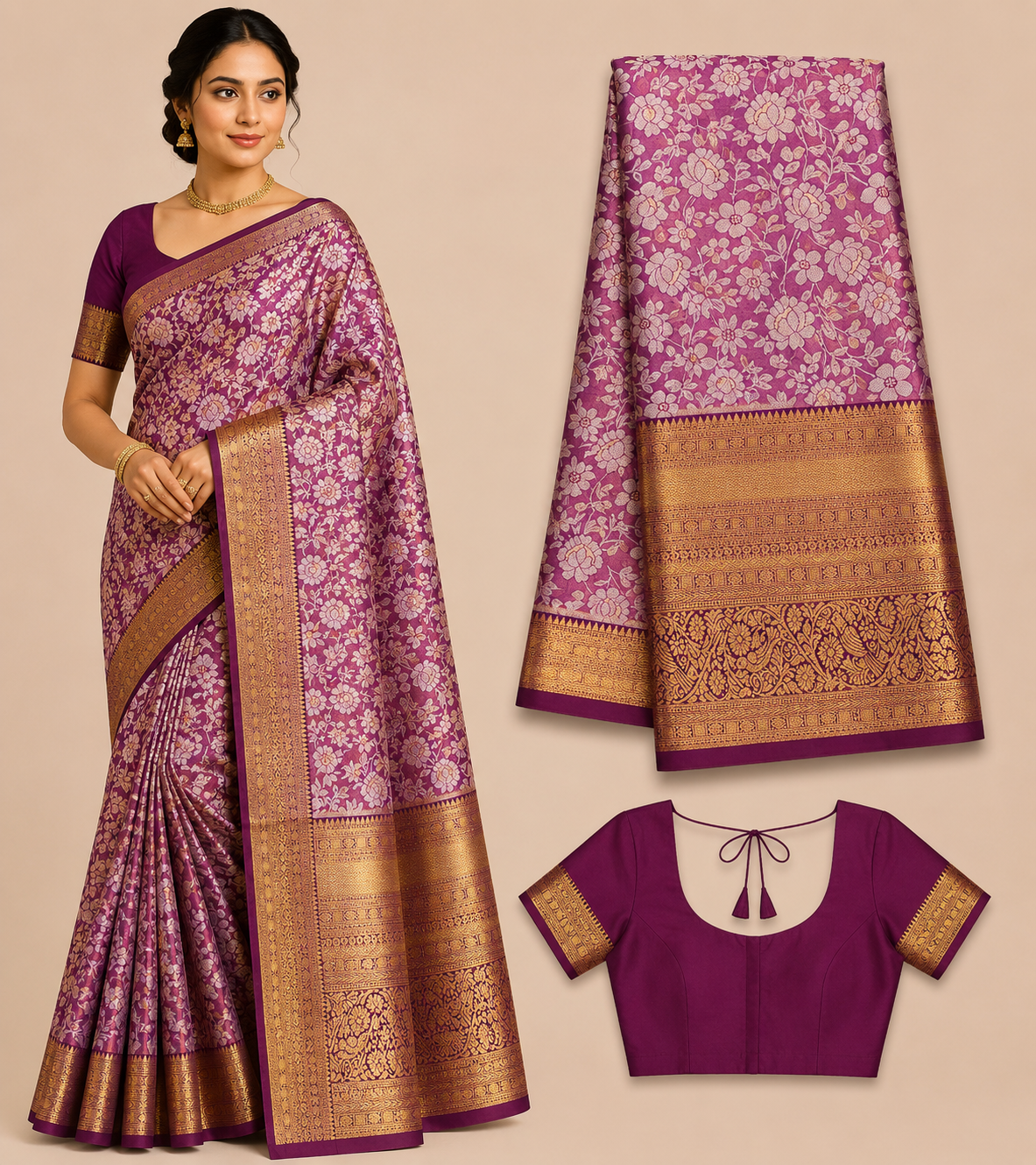 Premium Semi Kanchi Pattu Silk Saree – Orchid Pink with Antique Gold Zari Border and Designer Blouse