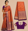 Premium Semi Kanchi Pattu Silk Saree – Coral Orange with Purple Zari Border and Designer Blouse