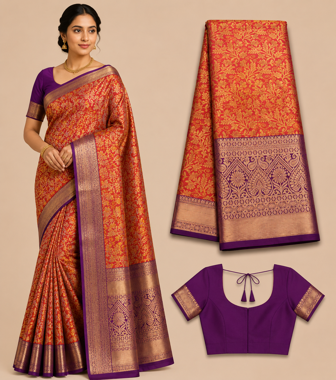 Premium Semi Kanchi Pattu Silk Saree – Coral Orange with Purple Zari Border and Designer Blouse
