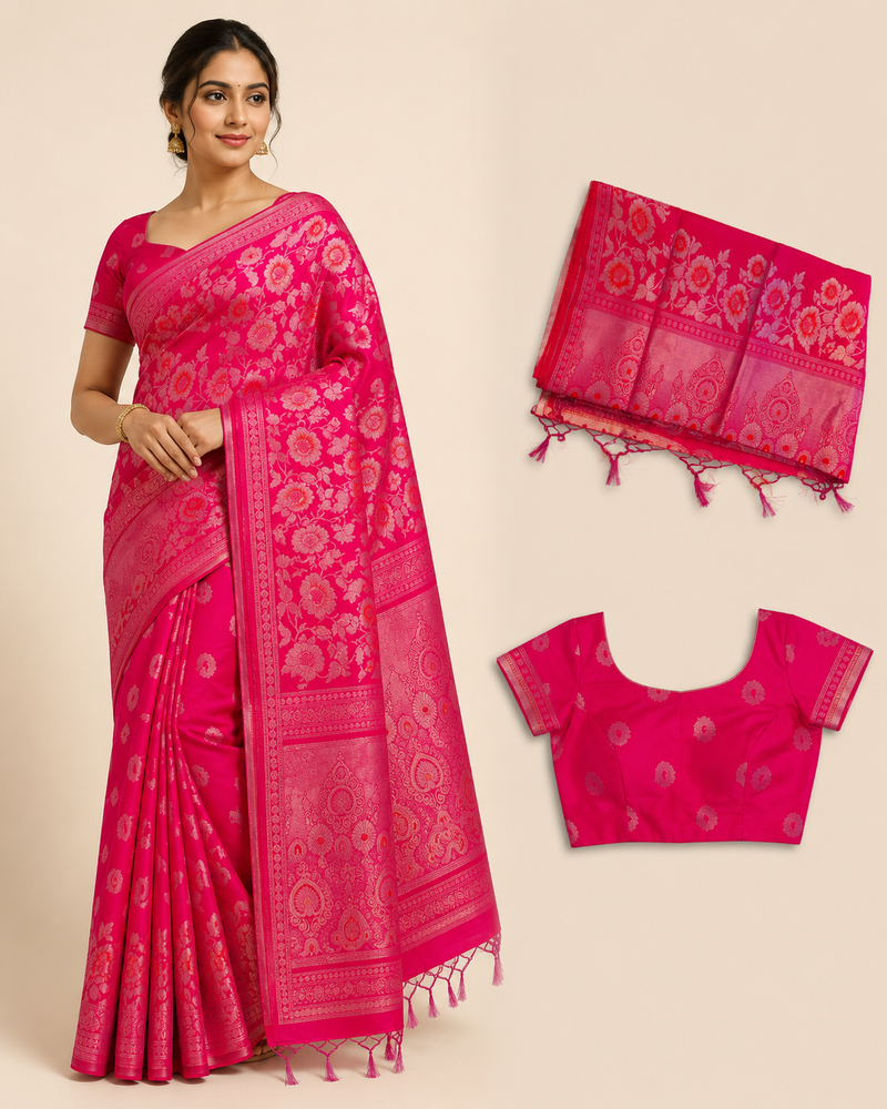 Premium Banaras Soft Silk Saree – Rani Pink Floral Zari Weaving with Designer Blouse