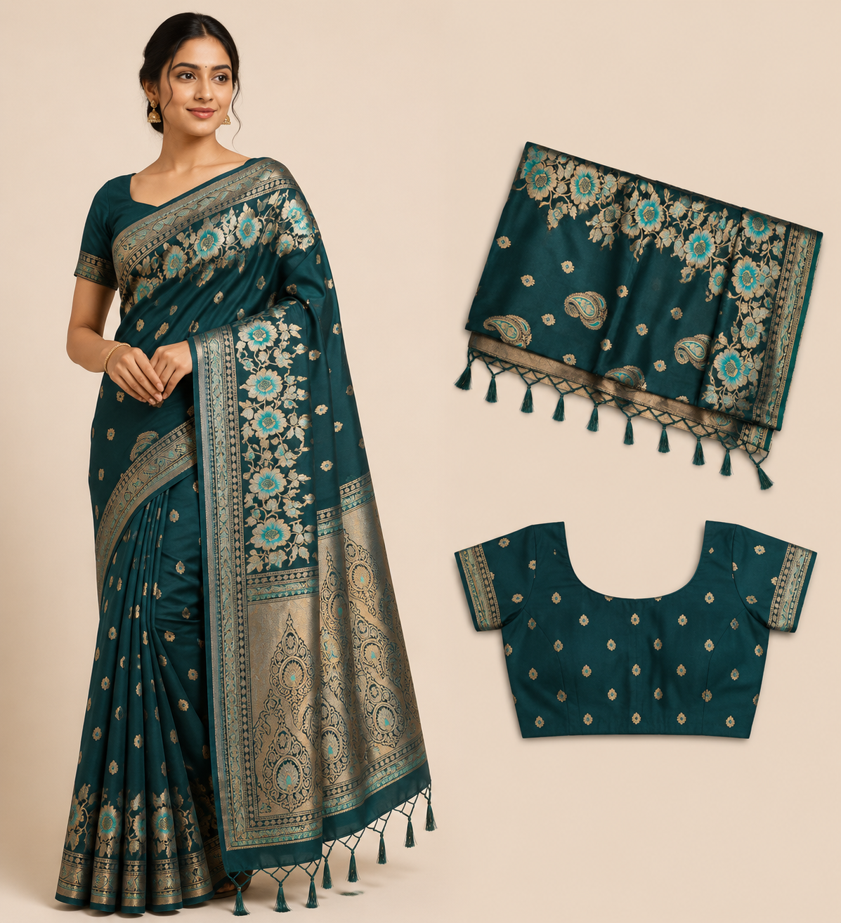 Premium Banaras Soft Silk Saree – Peacock Green Floral Zari Weaving with Designer Blouse