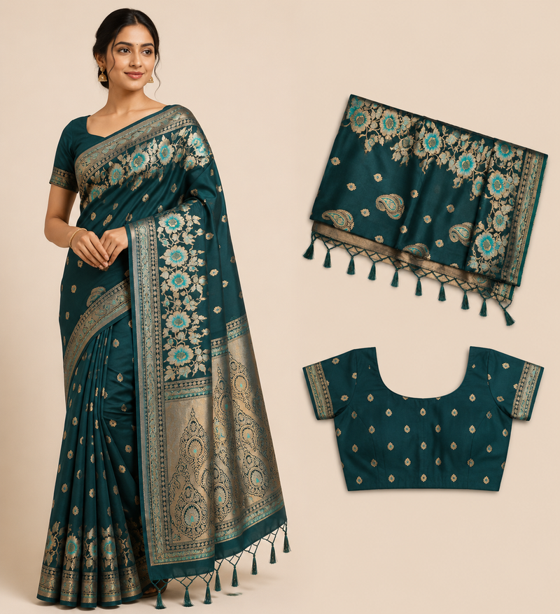Premium Banaras Soft Silk Saree – Peacock Green Floral Zari Weaving with Designer Blouse