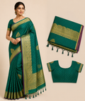 Premium Banaras Soft Silk Saree – Emerald Green Gold Zari Weaving with Designer Blouse