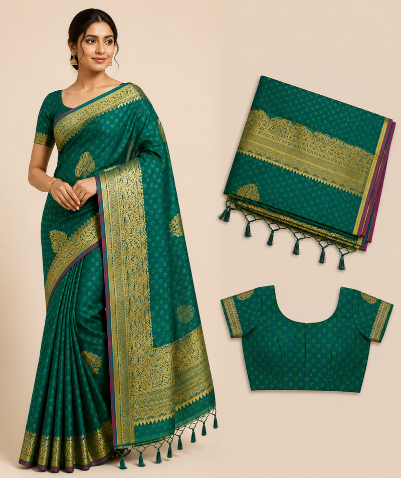 Premium Banaras Soft Silk Saree – Emerald Green Gold Zari Weaving with Designer Blouse