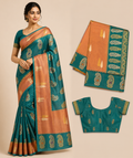 Premium Banaras Soft Silk Saree – Teal Blue & Copper Gold Traditional Weaving with Designer Blouse