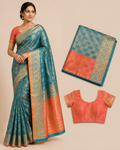 Premium Banaras Soft Silk Saree – Aqua Blue & Coral Pink Zari Weaving with Designer Blouse