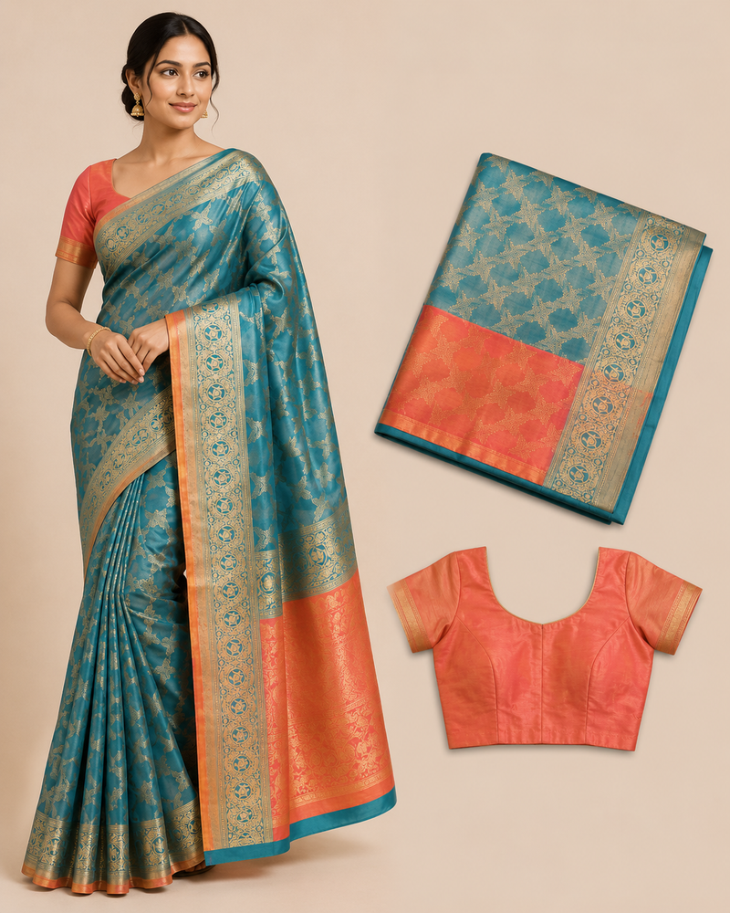 Premium Banaras Soft Silk Saree – Aqua Blue & Coral Pink Zari Weaving with Designer Blouse