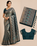 Premium Banaras Soft Silk Saree – Deep Teal Silver Zari Designer Weaving with Designer Blouse