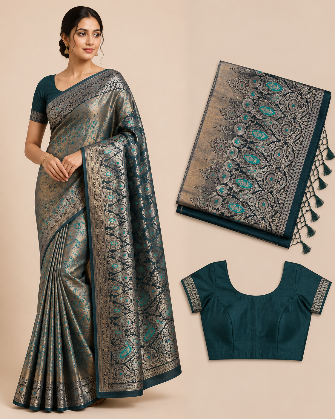 Premium Banaras Soft Silk Saree – Deep Teal Silver Zari Designer Weaving with Designer Blouse