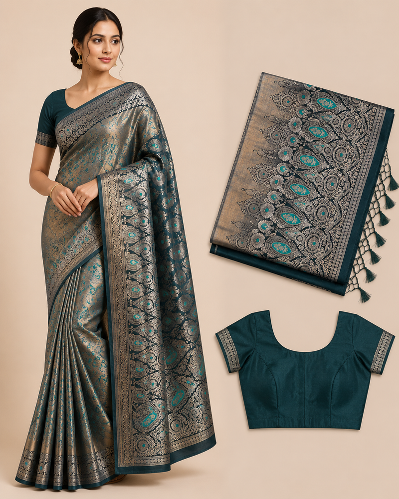 Premium Banaras Soft Silk Saree – Deep Teal Silver Zari Designer Weaving with Designer Blouse