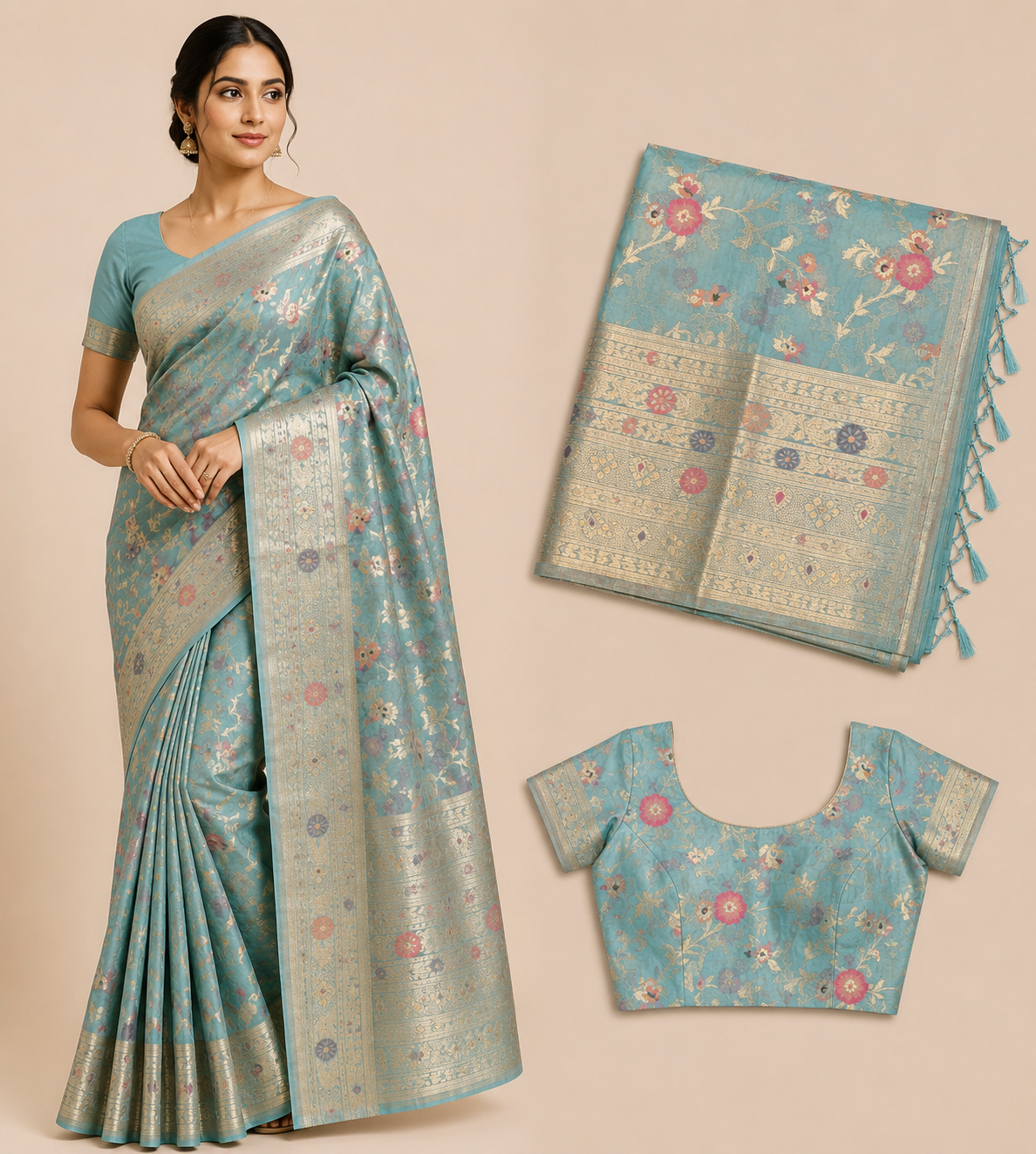 Premium Banaras Soft Silk Saree – Sky Blue Floral Zari Weaving with Designer Blouse