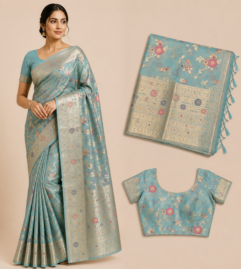 Premium Banaras Soft Silk Saree – Sky Blue Floral Zari Weaving with Designer Blouse