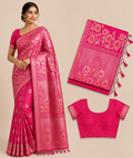 Premium Banaras Soft Silk Saree – Rani Pink Floral Zari Weaving with Designer Blouse