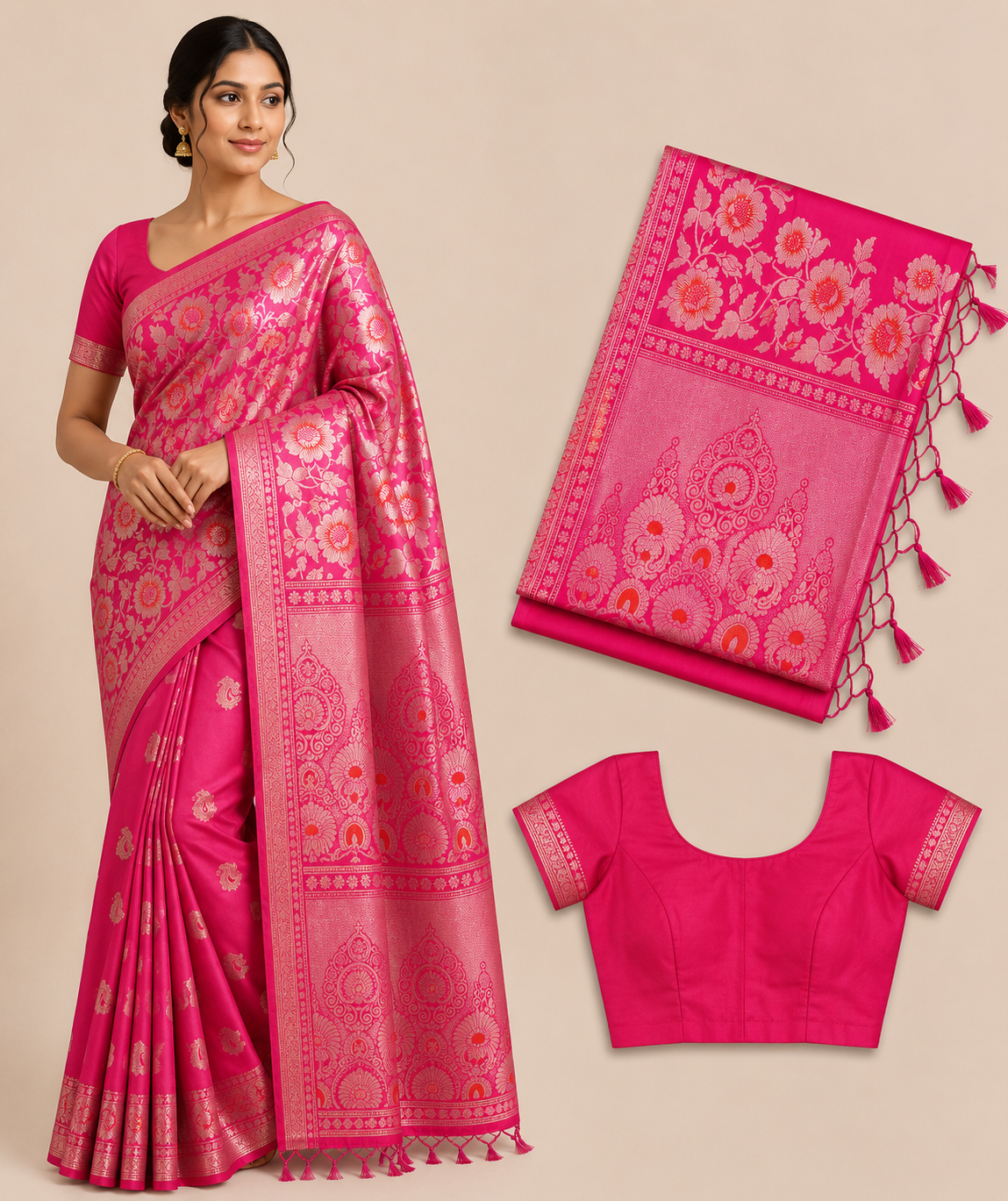 Premium Banaras Soft Silk Saree – Rani Pink Floral Zari Weaving with Designer Blouse