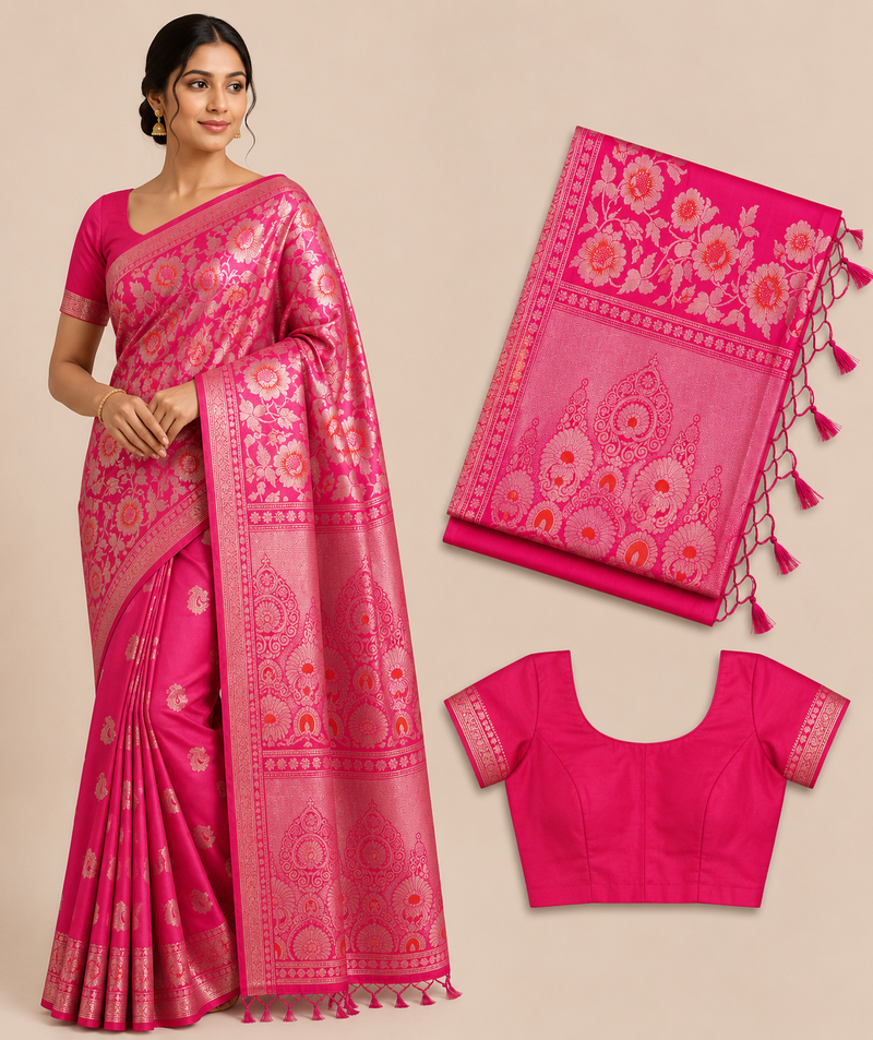 Premium Banaras Soft Silk Saree – Rani Pink Floral Zari Weaving with Designer Blouse