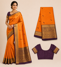 Premium Semi Kanchi Pattu Silk Saree – Bright Orange with Rich Zari Border and Designer Blouse