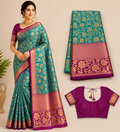 Premium Semi Kanchi Pattu Silk Saree – Peacock Green with Magenta Zari Border and Designer Blouse