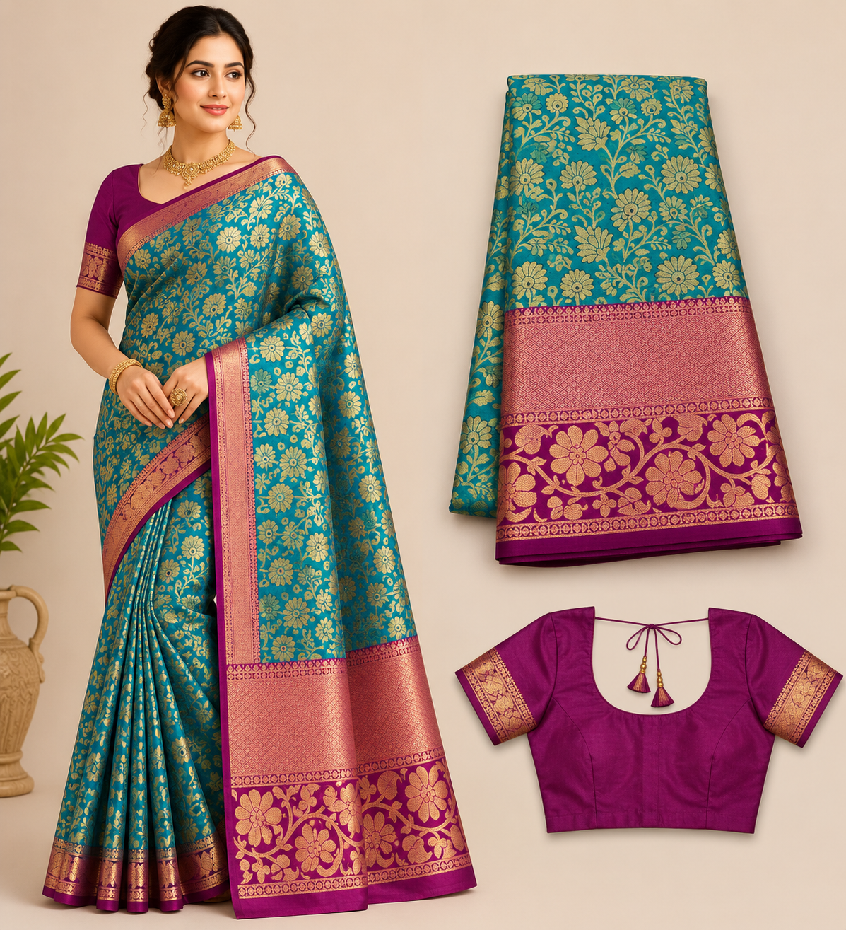 Premium Semi Kanchi Pattu Silk Saree – Peacock Green with Magenta Zari Border and Designer Blouse