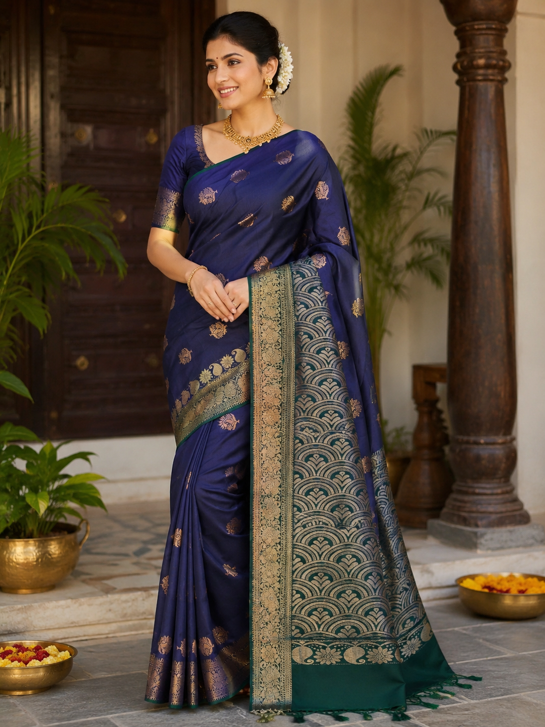 Kanchi Pattu Saree - Royal Blue & Emerald Green Zari Weaving