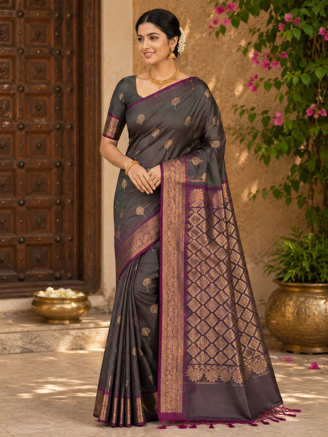 Kanchi Pattu Saree – Charcoal Grey with Magenta Zari Weaving