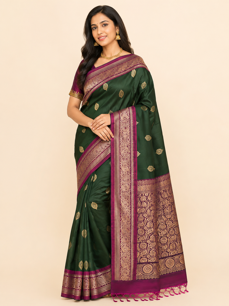 Kanchi Pattu Saree - Dark Green with Magenta Zari Weaving
