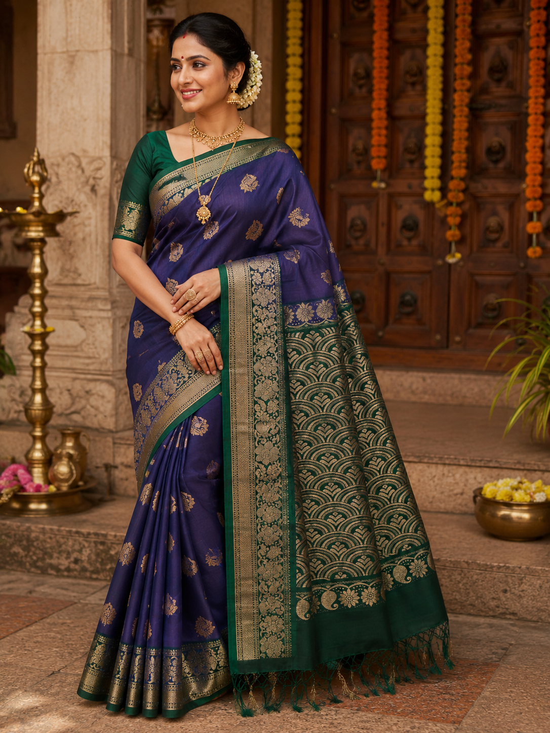 Kanchi Pattu Saree - Royal Purple & Emerald Green Zari Weaving