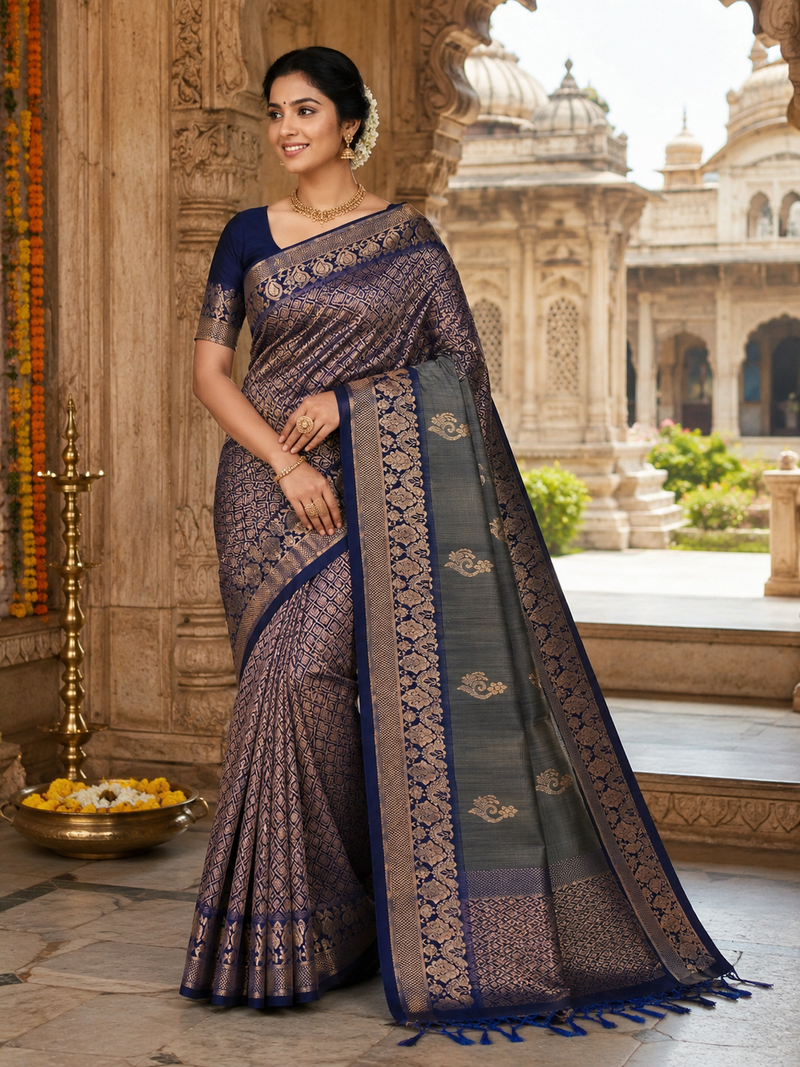 Kanchi Pattu Saree - Slate Grey & Royal Blue Zari Weaving