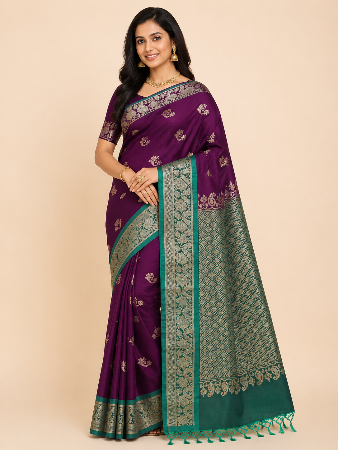 Premium Kanchi Pattu Saree - Royal Purple & Emerald Green Zari Weaving