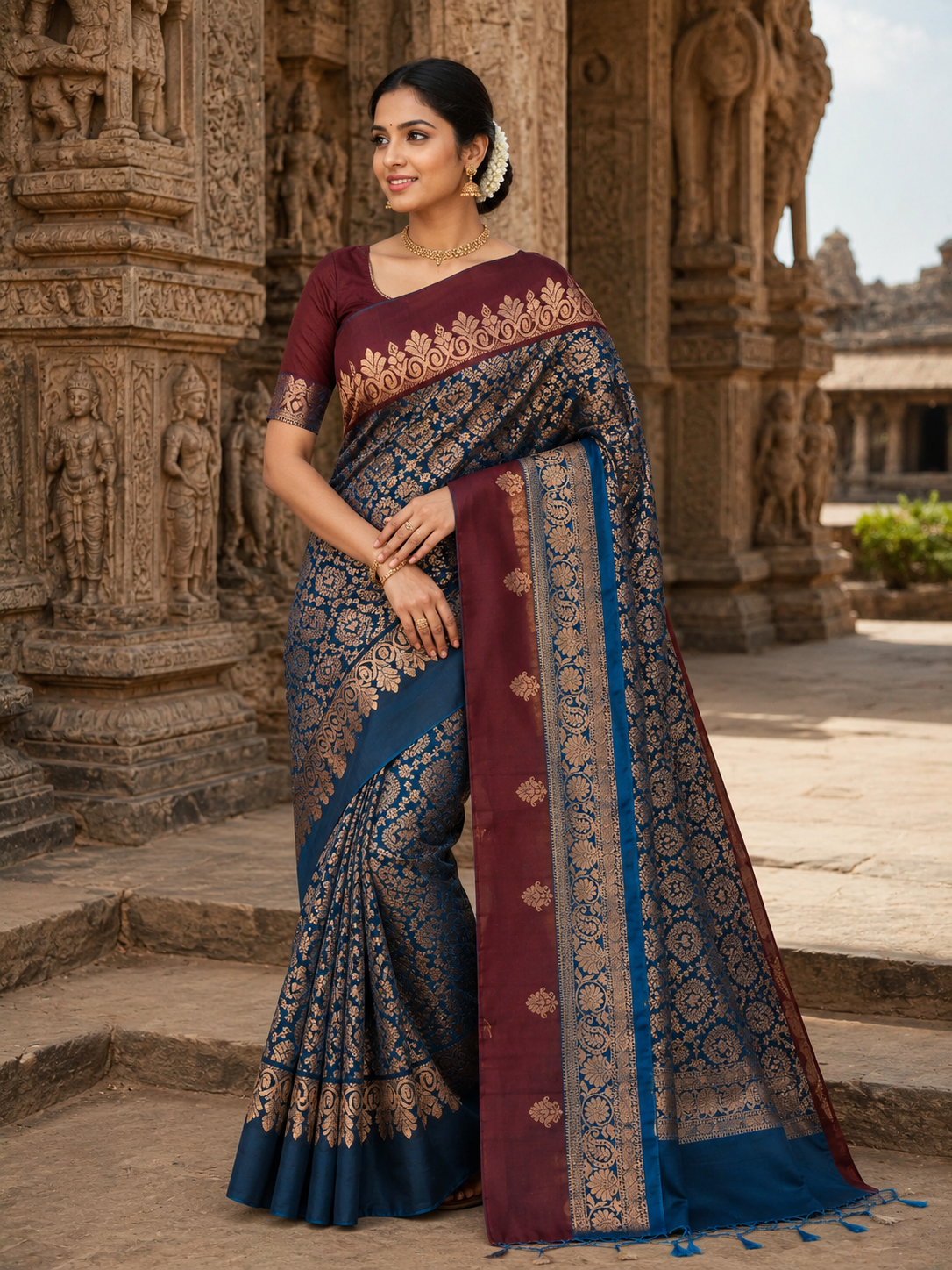 Premium Kanchi Pattu Saree - Navy Blue & Maroon Zari Weaving
