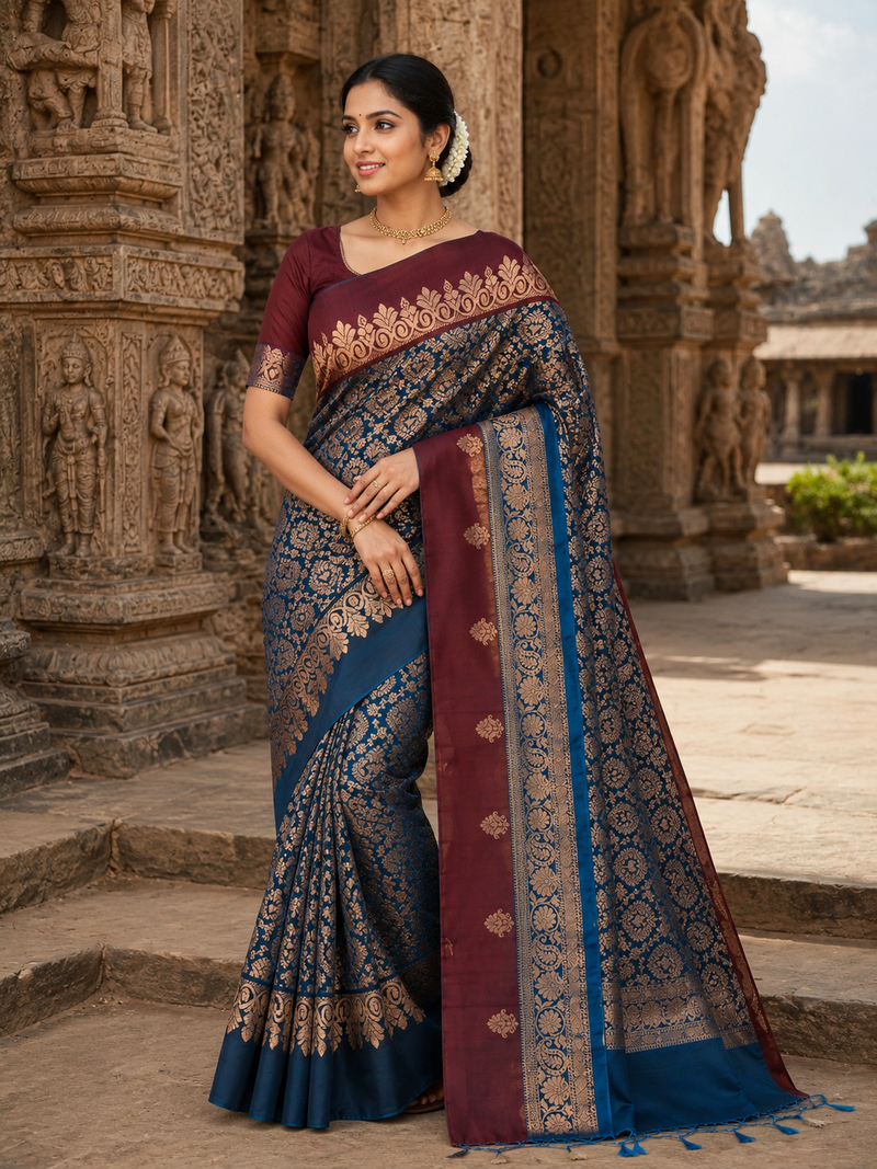Premium Kanchi Pattu Saree - Navy Blue & Maroon Zari Weaving