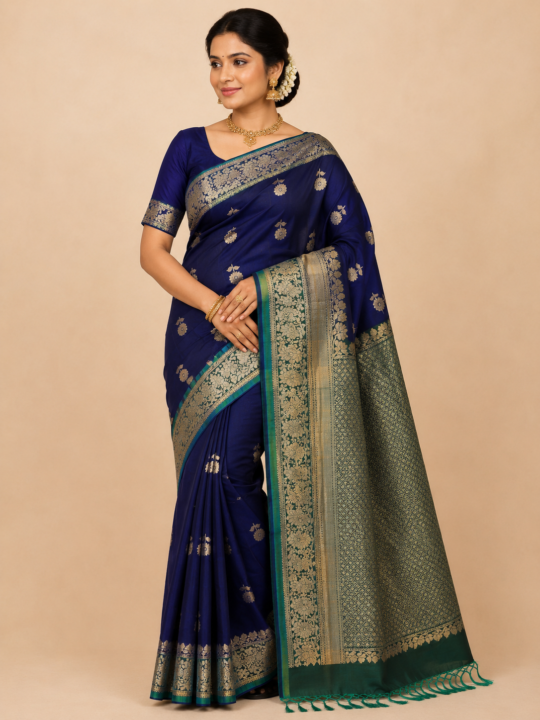 Premium Kanchi Pattu Saree - Royal Blue & Emerald Green Zari Weaving