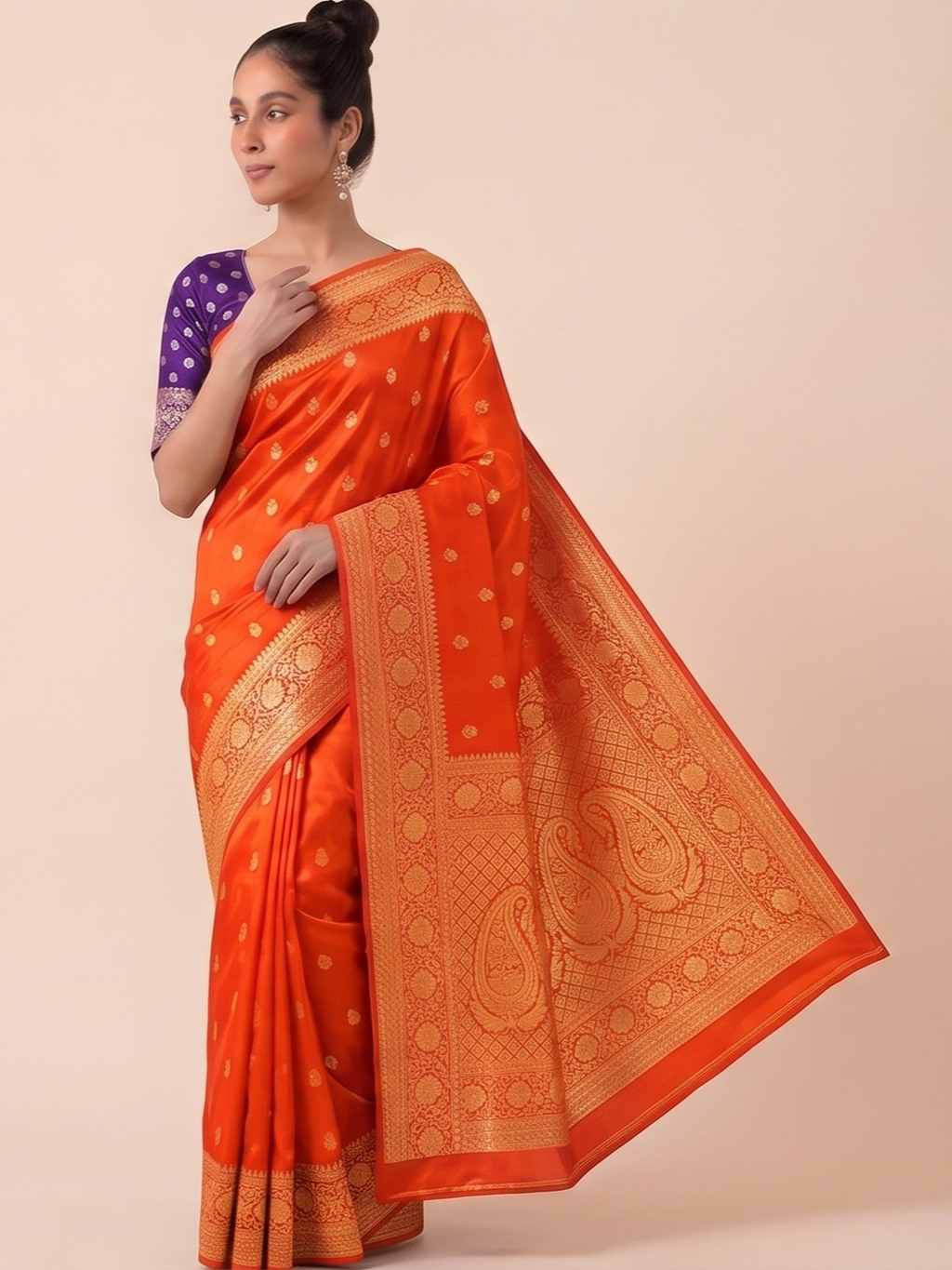 Premium Pure Mushroom Georgette Jacquard Saree – Sunset Orange with Gold Zari Border