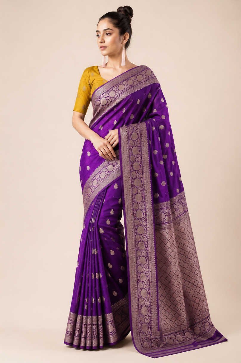 Premium Pure Mushroom Georgette Jacquard Saree – Royal Purple with Gold Zari Border
