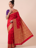 Premium Pure Mushroom Jacquard Georgette Saree – Ruby Red with Gold Zari Border