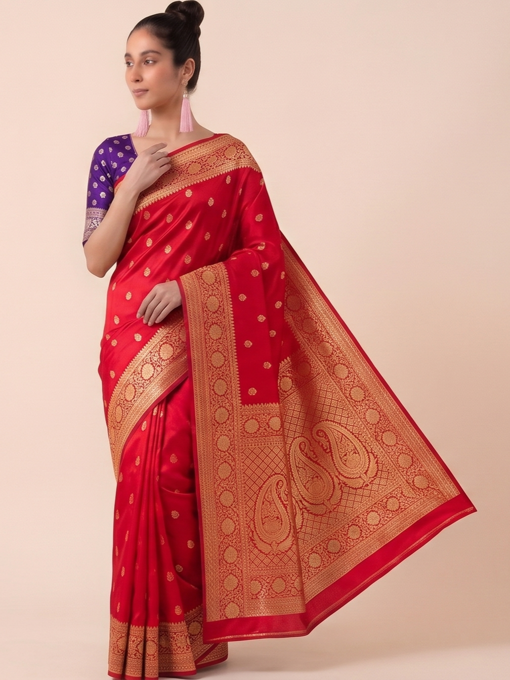 Premium Pure Mushroom Jacquard Georgette Saree – Ruby Red with Gold Zari Border