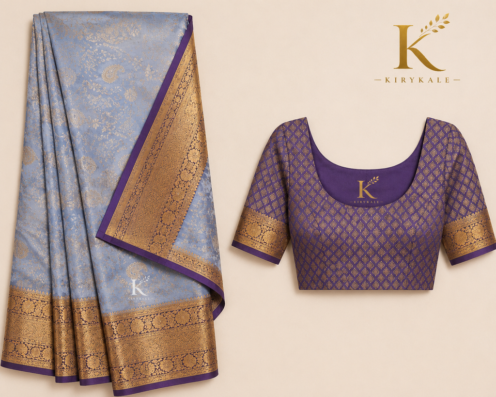 Premium Vintage Checks Kanchi Pattu Silk Saree with Rich Gold Zari Border & Running Blouse | Powder Blue & Royal Purple