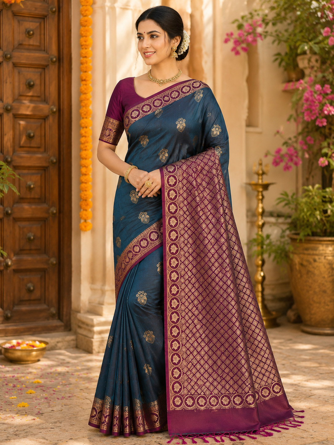 Kanchi Pattu Saree – Deep Teal Blue with Magenta Zari Weaving