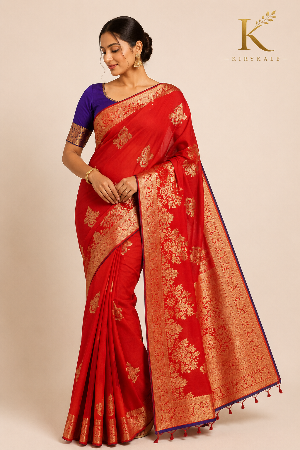 Premium Mushroom Pure Georgette Saree with Antique Gold Floral Zari Border & Contrast Running Blouse | Crimson Red & Royal Purple